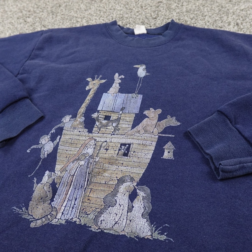VTG Noahs Ark Sweater Mens M Blue Christian Pullover Crew Neck Sweatshirt USA